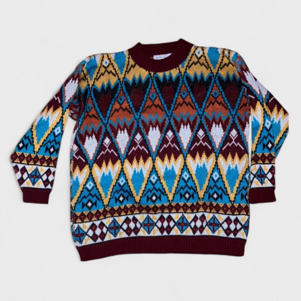 Jonathan Logan Vintage Multi Color Teal Burgundy Geometric Sweater Mens Sz M